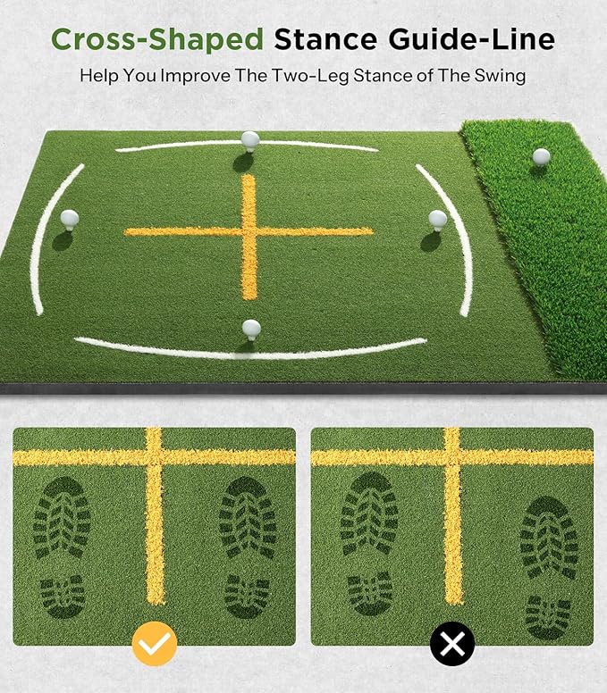 Golf Mat with Dual Turf | Golf Hitting Mat with Standing Guide-Line & Swing Path Line, 5x4ft Thickened Green Turf Practice Mats for Indoor or Outdoor Use, Ideal Gifts for Men Dad Husband & Golfers