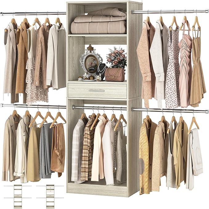 Unikito 96” Closet System, 8FT Walk in Closets Organizer Kit with 4 Extendable Hanging Rods and Drawer, Adjustable Wood Garment Rack, Sturdy Closet Insert, Easy Assembly, Max Load 1000 LBS, White Oak