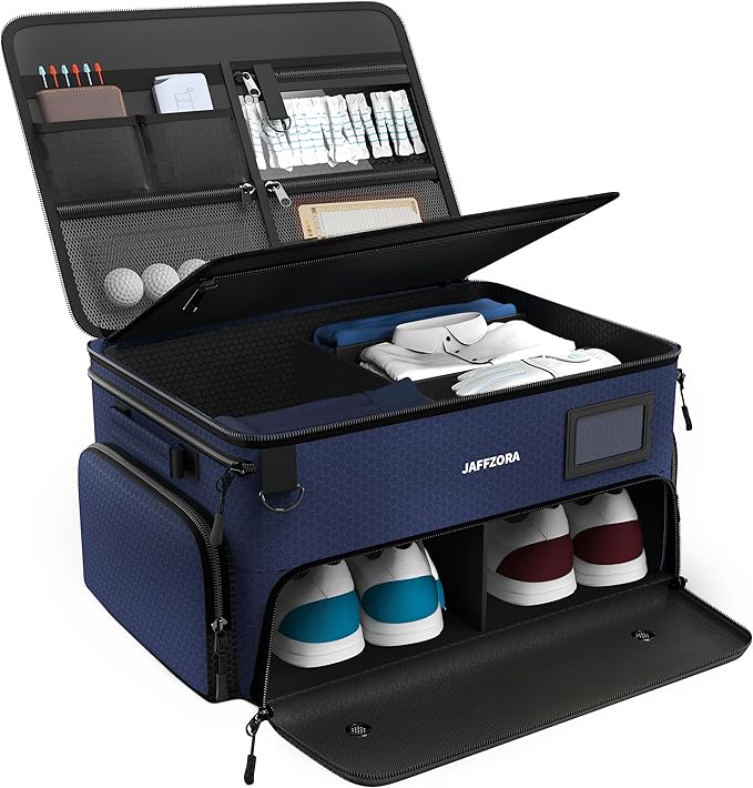 4-Layer Golf Trunk Organizer, Golfer Gifts for Men Women with Separate Ventilated Compartment for 2 Pairs Shoes, Waterproof Car Golf Locker Storage Bag for Golf Gear and Accessories,Blue