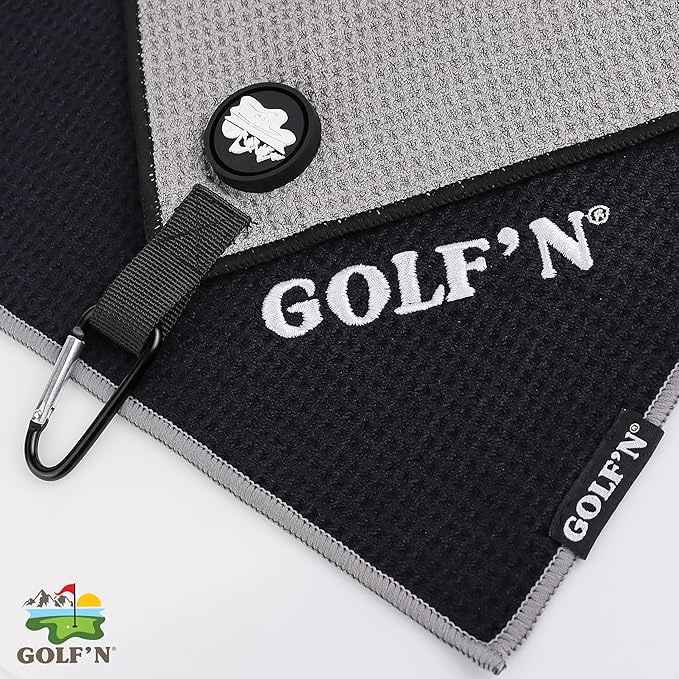 Golf'N Microfiber Towel - Magnetic Golf Towel Black 18" x 18" Golf Towels for Golf Bags with N52 Heavy Duty Magnets, Carabiner Clip & Cross Stitched Reinforced Loop, Premium Golf Accessories