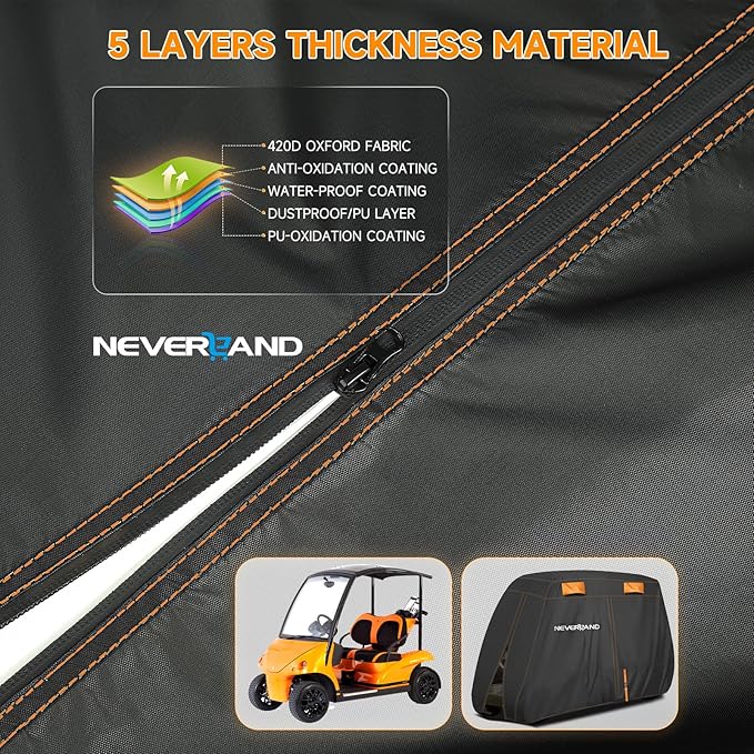 NEVERLAND Golf Cart Cover 2 Passenger, Heavy Duty 420D Golf Cart Covers, Waterproof Club Car Golf Cart Cover with Zipper Doors Compatible with EZGO Yamaha Club Car 2 Seat (Up to 95 Inch)