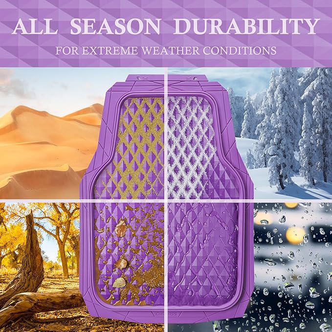 CAR PASS Heavy Duty Rubber Purple Car Floor Mats & Cargo Liners, Deep Dish All-Weather Trunk Mats Durable Anti-Slip 3D Rhombus Waterproof Trim to Fit Liner Universal Fit Auto,Sedan,SUV,Truck, Purple