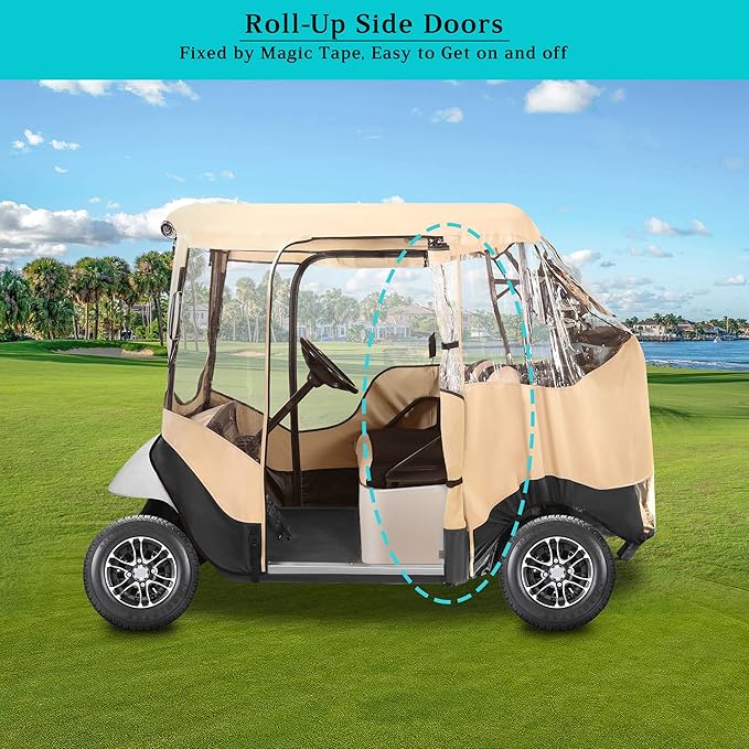 10L0L 2/4 Passenger Golf Cart Driving Enclosure for EZGO TXT/RXV Model, 4-Sided Clear Window 600D Rain Cover All Weather Windproof Waterproof - Black/Beige