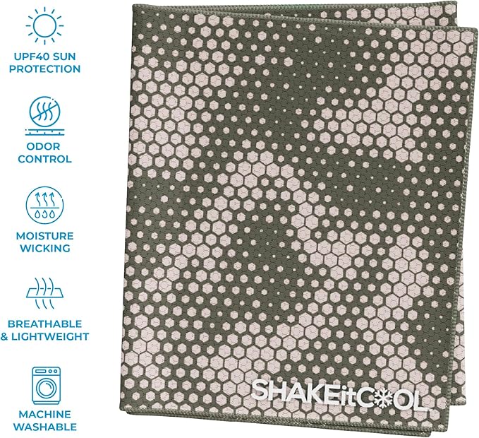SHAKEitCOOL Extended Size Cooling Towel – Be Cool in Style - Heat Relief, Soft, Lightweight, Sun Protection, Easy Clean - Perfect for Biking, Hiking, Running, Yoga, Golf, Gardening - Green Camo M