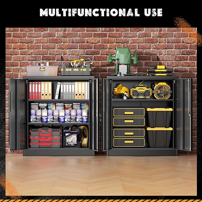 Greenvelly Metal Garage Cabinet, 36" H Locking Metal Storage Cabinet with 2 Doors and Adjustable Shelves, Black Steel File cabinets for Home Office, Garage and Utility Room (32" W x 16" D)