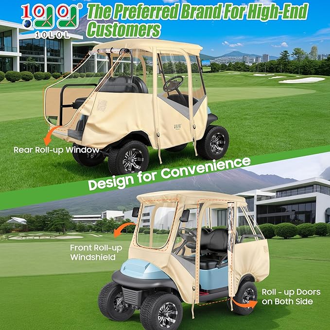 10L0L 4 Passenger Golf Cart Driving Enclosure for Club Car Precedent with Short Roof Up to 57", 4-Sided Clear Window 600D Rain Cover All Weather Windproof Waterproof - Beige with Grey