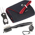 Mile High Life Microfiber Waffle Pattern Golf Towel | Club Groove Cleaner Brush | Foldable Divot Tool with Magnetic Ball Marker (Black w/red Towel/Brush/Fish Divot)