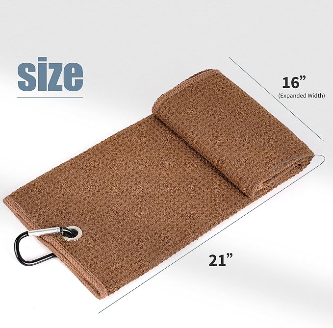 Mile High Life Tri-fold Golf Towel | 16" X 24" | Premium Microfiber Fabric | Waffle Pattern | with Heavy Duty Carabiner Clip | for Men and Women (Brown)