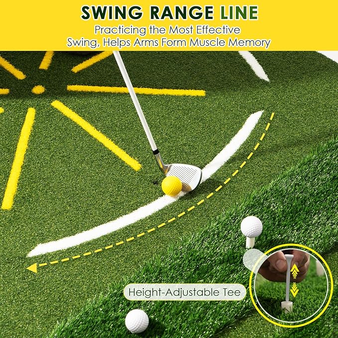 Golf Mat with Dual Turf, 5x4ft Thickened Golf Hitting Mat with Standing Guide-Line & Swing Path Line, Practice Mats for Indoor or Outdoor Use, Gifts for Men Dad & Golfers
