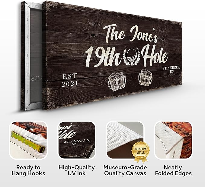 TAILORED CANVASES Golf Art Decor - Personalized Vintage Golf Wall Art Sign for Man Cave, Bedroom, Basement, Home Bar and Custom Gift for Husband, Dad, Wedding & Anniversary - 19th Hole Sign, 20"x10"