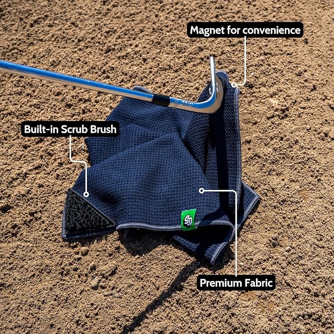 Scrub Doctor Golf Towel (Black) - Built-in Club Scrub Brush and Magnet - Clean Grooves - Magnetic for Strong Hold to Golf Carts or Clubs - Thick Premium Waffle Microfiber
