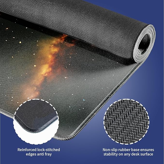 Extended XXL Gaming Mouse Pad with Stitched Edges for PC Home & Office - Curious Cat Flying Through Galaxy Space Reaching for a Taco Cute Kitten Funny Design, Smooth Fabric Surface Large Desk Mat