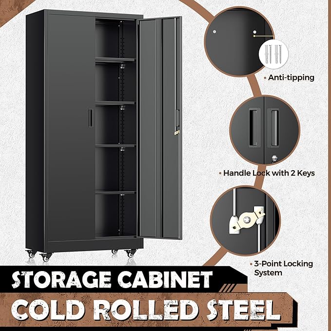 INTERGREAT Metal Garage Storage Cabinet with Wheels, Rolling Storage Cabinet with Locking Doors and 4 Adjustable Shelves,- 73" Steel Tool Cabinet for Home Office,Garage,Warehouse，Black