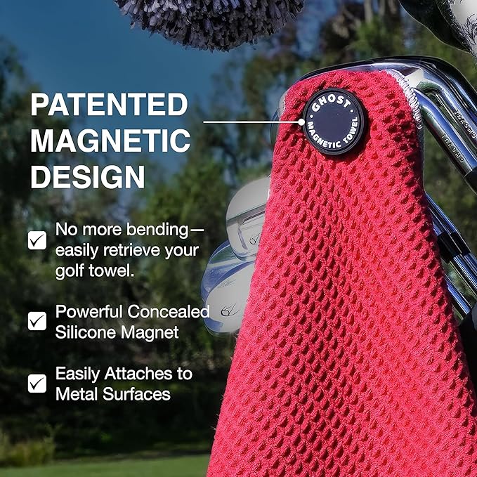 Ghost Golf Magnetic Towel (Greenside) - Premium Ultra-Absorbent Microfiber Golf Towel with Magnet for Golf Carts or Clubs - 18" x 18" Golfing Gear - Waffle Weave Pattern (Orange)
