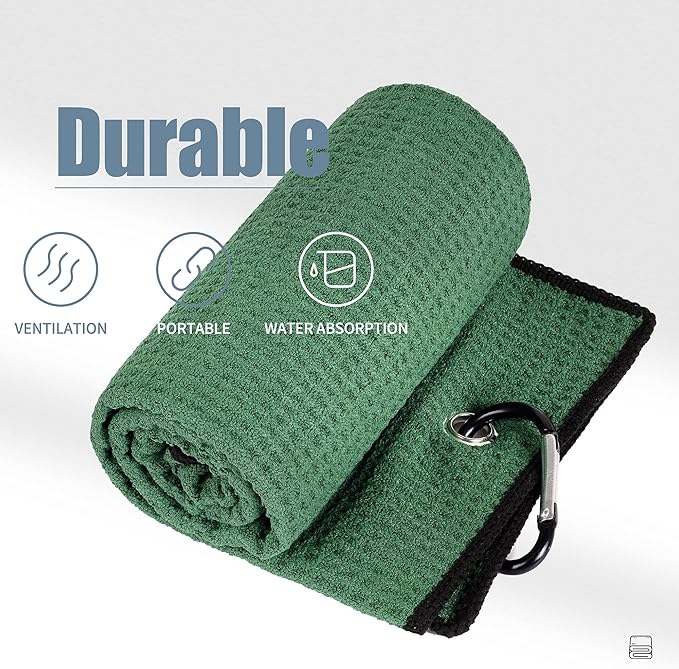 Mile High Life Tri-fold Golf Towel | Premium Microfiber Fabric | Waffle Pattern | with Heavy Duty Carabiner Clip | Golf Towel for Men and Women (GreenGolf Towel)