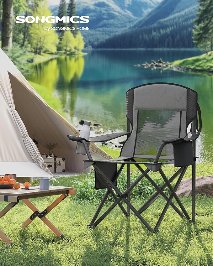 SONGMICS Camping Chair, Folding Lawn Chair with Cooler Bag, 352 lb Weight Capacity, Adjustable Armrests with Cup Holder, Storage Bag, Breathable Nylon Mesh, for Sports Games, Slate Gray UGCB060G01