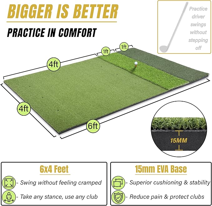 6x4ft Extra Large Tri-Turf & 5x4ft Ultra Thick 20mm Base Premium Golf Mat | Golf Mats Practice Outdoor, Indoor, or with Simulator/Net | Durable Turf Golf Hitting Mat with Tees