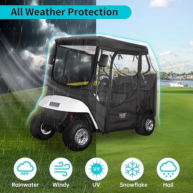 10L0L 2/4 Passenger Golf Cart Driving Enclosure for EZGO TXT/RXV Model, 4-Sided Clear Window 600D Rain Cover All Weather Windproof Waterproof - Black/Beige