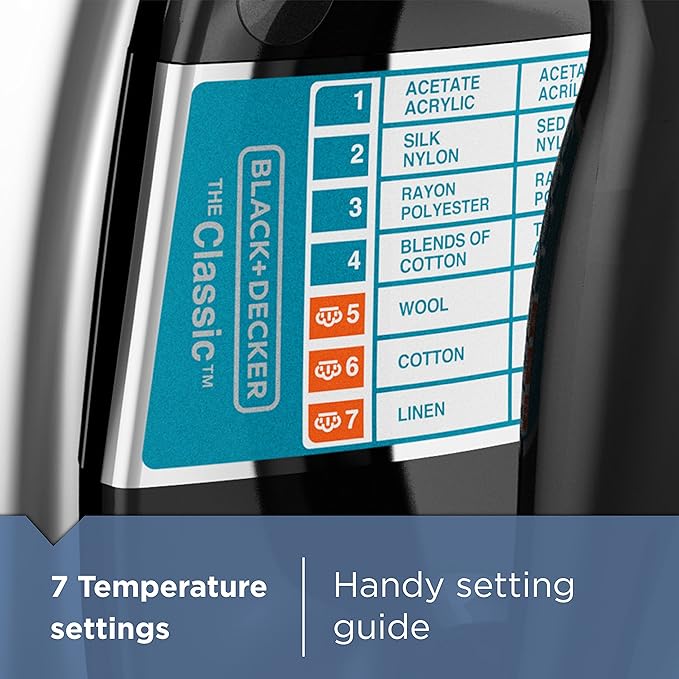 BLACK+DECKER The Classic Iron, F67E-T, Aluminum Soleplate, Steam or Dry Ironing, 7 Temperature Settings, Anti-Drip