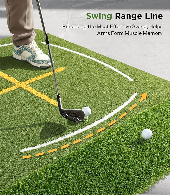 Golf Mat with Dual Turf | Golf Hitting Mat with Standing Guide-Line & Swing Path Line, 5x4ft Thickened Green Turf Practice Mats for Indoor or Outdoor Use, Ideal Gifts for Men Dad Husband & Golfers