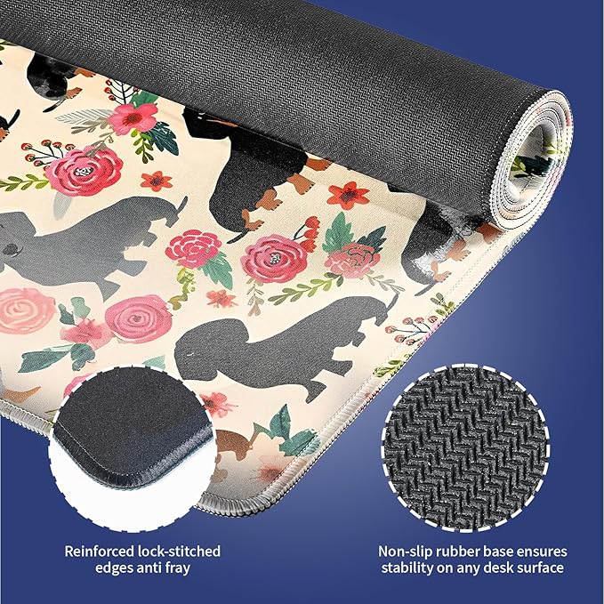 Extended XXL Gaming Mouse Pad with Stitched Edges for PC Home & Office - Colorful Floral Dachshund Dogs Cute Puppies Pink Flowers Seamless Design, Smooth Fabric Surface Anti-Slip Base Large Desk Mat