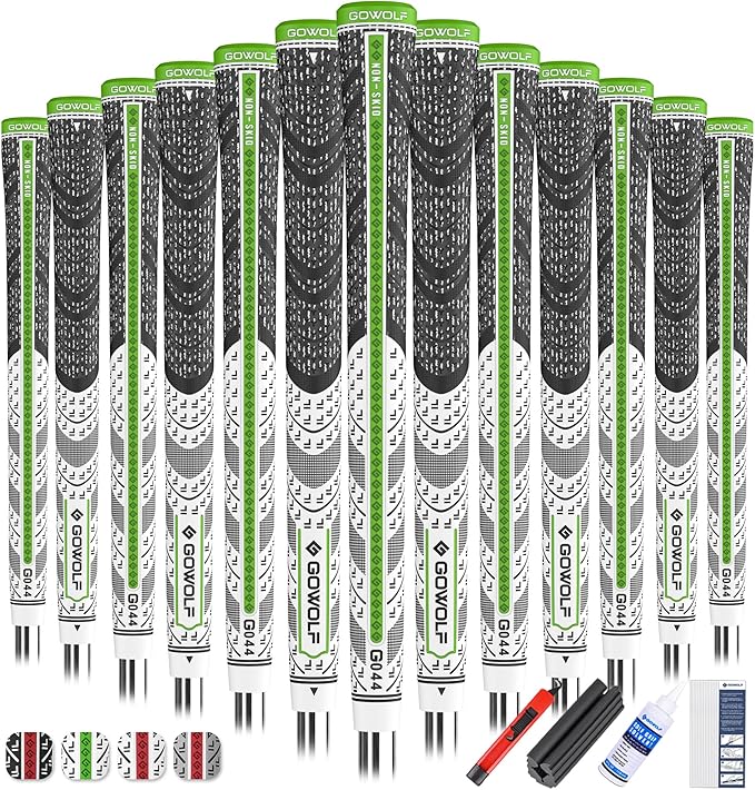 Gowolf Premium Cross Corded Natrual Rubber Golf Grips 13 Pack, Back Rib Improved Control Multi-compound Hybrid Golf Club Grips with 15pc Tapes or Full Kits