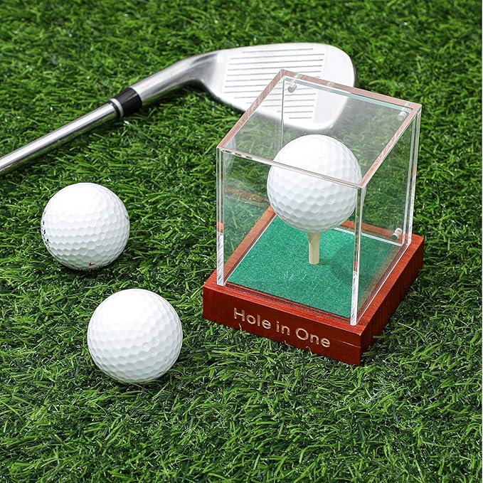Wenqik Hole in One Golf Ball Display Case with Wood Base and Tee Golf Display Case Clea Ball Holder Stand Acrylic Transparent Storage Box for Single Dust UV Protection