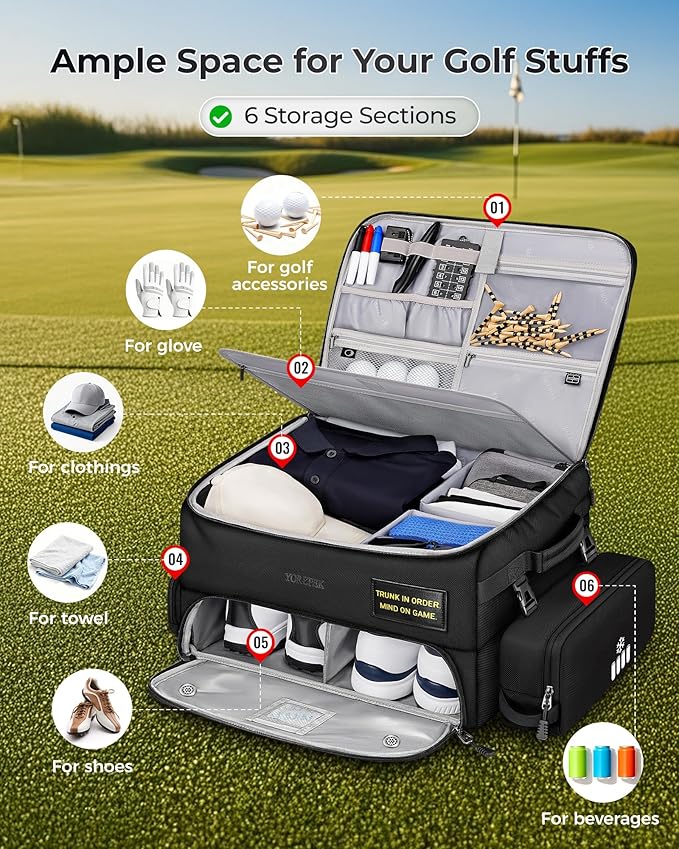 YOREPEK Upgraded Golf Trunk Organizer, Christmas Gifts for Golfers, with Removable Insulated Pouch&Dust-Proof Protective Layer, Multi-Compartment fits 2 Pairs of Shoes, Golf Accessories