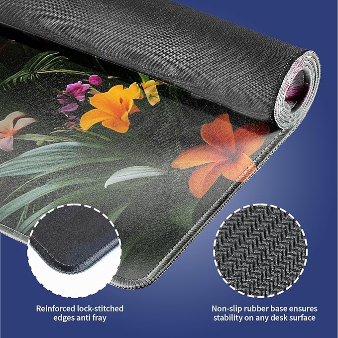 Wknoon. Extra Large Gaming Mouse Pad (31.5" x 11.8") with Durable Stitched Edges – Wild Leopard in a Lush Jungle Colorful Floral Rainforest Exotic Design, Anti-Slip Rubber Base Extended XXL Desk Mat