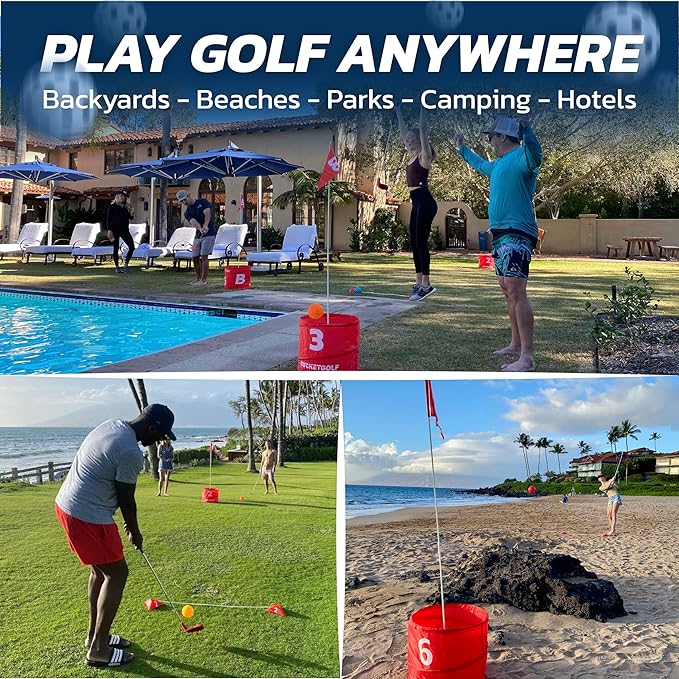 bucketgolf Original Game 3 Hole Travel Set with Clubs - #1 New Backyard Golf Game for The Yard and All Ages Adults and Kids. Beach, Park, School. (1 Right + 1 Left Club)