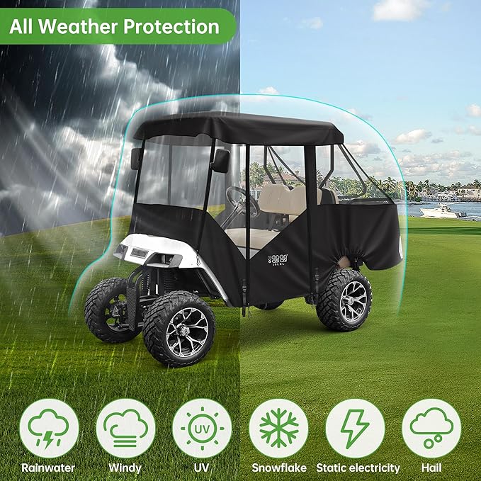 10L0L 2/4 Passenger Golf Cart Driving Enclosure for EZGO TXT/RXV Model, 4-Sided Clear Window 600D Rain Cover All Weather Windproof Waterproof - Black/Beige