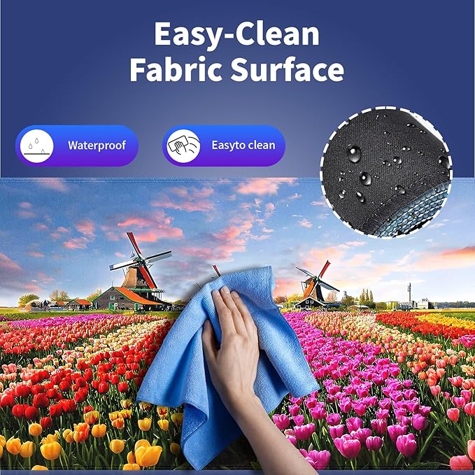 Wknoon. Extra Large Gaming & Office Mouse Pad (31.5" x 11.8") with Durable Stitched Edges – Vibrant Tulip Fields Flowers in Full Bloom and Traditional Windmills at Sunset, Extended XXL Desk Mat