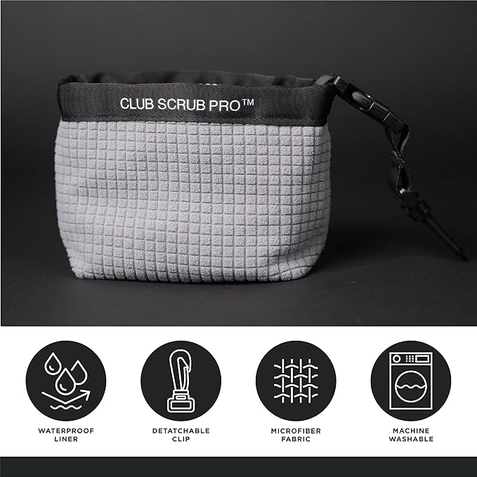 Club Scrub Golf Club and Golf Ball Cleaning Bag, Waterproof Clean Face Technology Liner, Detachable Clip, Machine Washable, Cleans Club Grooves, Dry Exterior (Neoprene or Microfiber Option Available)