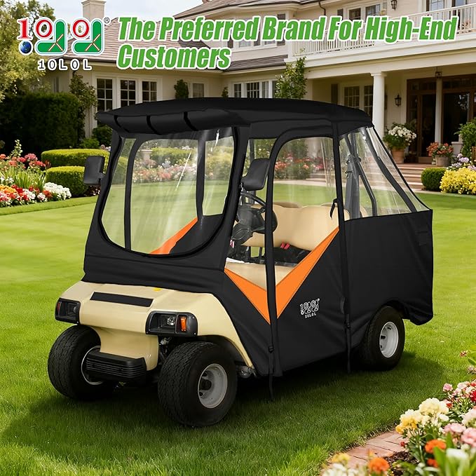 10L0L Golf Cart Driving Enclosure for Club Car DS, 2/4 Passenger Short Roof Waterproof Windproof Heavy Duty 600D Rain Cover with 4-Sided Clear Windows & Durable Door Zipper All-Weather Protection