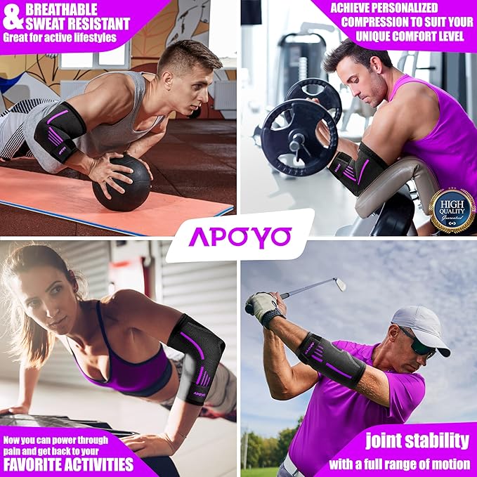 APOYO Elbow Brace for Tendonitis and Tennis Elbow, Elbow Compression Sleeve, Elbow Brace for Women and Men w/ Adjustable Strap for Tennis Elbow Relief, Weightlifting, Arthritis, Workouts, Reduce Joint Pain During Fitness Activity (Purple, Medium)
