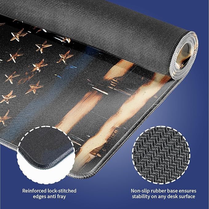 Wknoon. Extra Large Gaming & Office Mouse Pad (31.5" x 11.8") – Rustic Wood American Flag Retro US Thin Blue Line Design, Anti-Slip XXL Desk Mat with Durable Stitched Edges & Smooth Cloth Surface