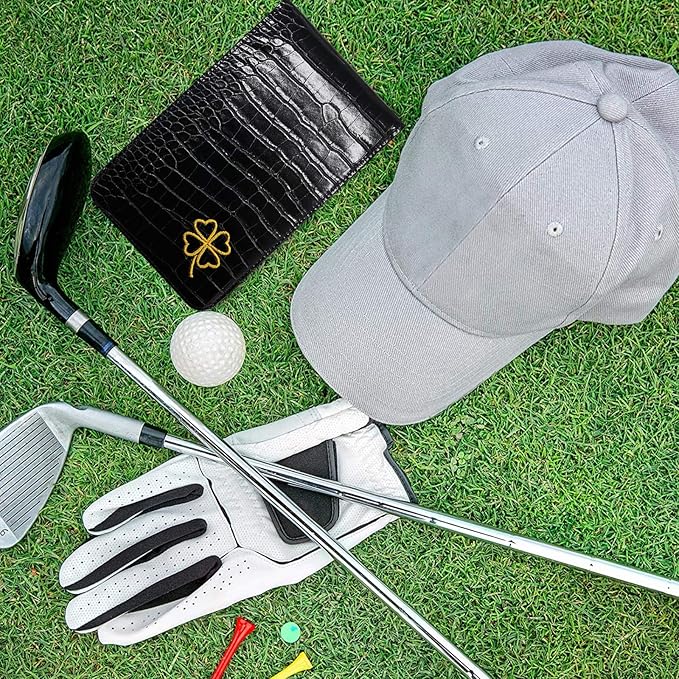 FINGER TEN Golf Scorecard Holder Leather Yardage Books Cover Lucky Clover with 2 Free Pencil Value Pack Deluxe Pocket Score Card Covers Gift for Men Women Golfer