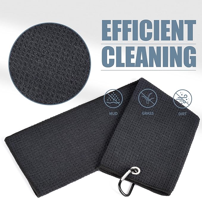 Mile High Life Microfiber Golf Towel, 21" X 24", Waffle Pattern w Clip, Super Absorbent Tri-fold Large Towels, Golf Bag Accessories for Men & Women（Black）