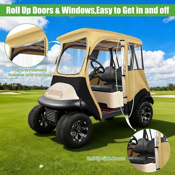 10L0L Golf Cart Driving Enclosure for 2 Passenger Club Car Precedent, Onward & Tempo, 600D Deluxe Heavy Duty Oxford Cloth Waterproof Windproof Golf Cart Rain Cover (Beige/Transparent)