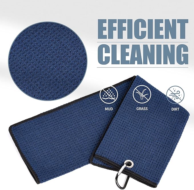 Mile High Life Microfiber Golf Towel, 21" X 24", Waffle Pattern w Clip, Super Absorbent Tri-fold Large Towels, Golf Bag Accessories for Men & Women（Navy）