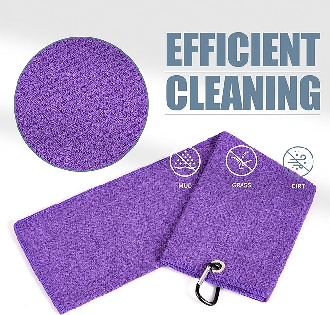 Mile High Life Microfiber Golf Towel, 21" X 24", Waffle Pattern w Clip, Super Absorbent Tri-fold Large Towels, Golf Bag Accessories for Men & Women（Purple）