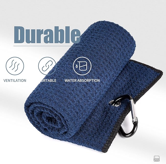 Mile High Life Tri-fold Golf Towel | 16" X 24" | Premium Microfiber Fabric | Waffle Pattern | with Heavy Duty Carabiner Clip | for Men and Women (2 Pack Navy)