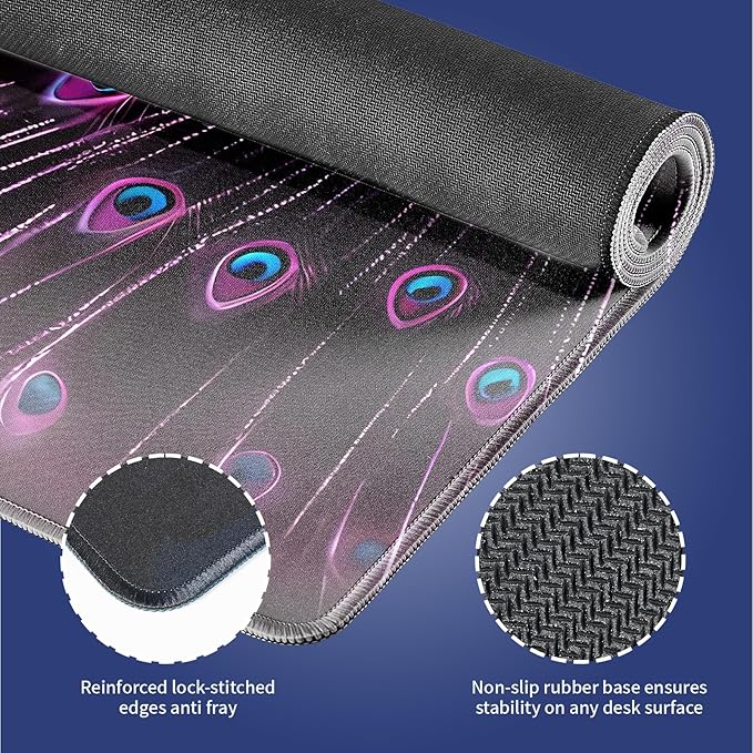 Extended XXL Gaming Mouse Pad with Stitched Edges 31.5 x 11.8 Inches - Gorgeous Purple Black Peacock, Smooth Cloth Surface Natural Anti-Slip Rubber Base Large Desk Mat for PC Office/Home