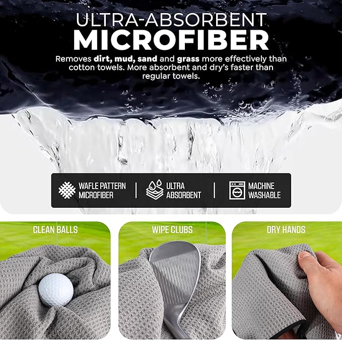 Golf'N Microfiber Towel - Magnetic Golf Towel Black 18" x 18" Golf Towels for Golf Bags with N52 Heavy Duty Magnets, Carabiner Clip & Cross Stitched Reinforced Loop, Premium Golf Accessories