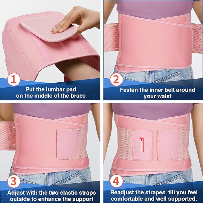 FEATOL Back Brace for Lower Back Pain, Breathable Back Support Belt for Women & Men with Lumbar Pad, Lumbar Support Belt for Heavy Lifting & Work, Pink, S/M(Circumference:24.4-30")