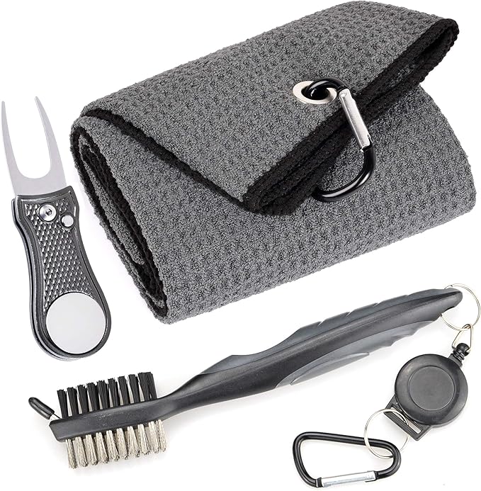 Mile High Life Microfiber Waffle Pattern Golf Towel | Club Groove Cleaner Brush | Foldable Divot Tool with Magnetic Ball Marker (Dark Gray Towel/Brush/Bone Divot)