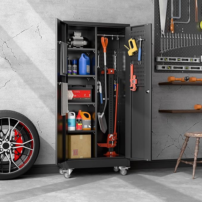 SUXXAN Broom Closet Storage Cabinet with Wheels 61.6"x 27.5"x11.7", Metal Cleaning Cabinets with Hooks and Hanging Rods, Lockable Cabinet with Pegboard, Adjustable Shelf,for Garage, Laundry Room
