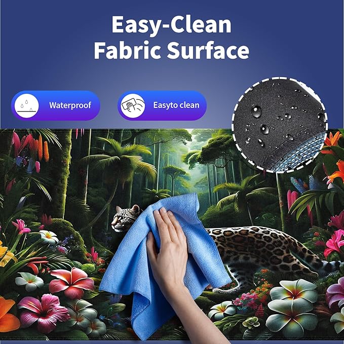 Wknoon. Extra Large Gaming Mouse Pad (31.5" x 11.8") with Durable Stitched Edges – Wild Leopard in a Lush Jungle Colorful Floral Rainforest Exotic Design, Anti-Slip Rubber Base Extended XXL Desk Mat