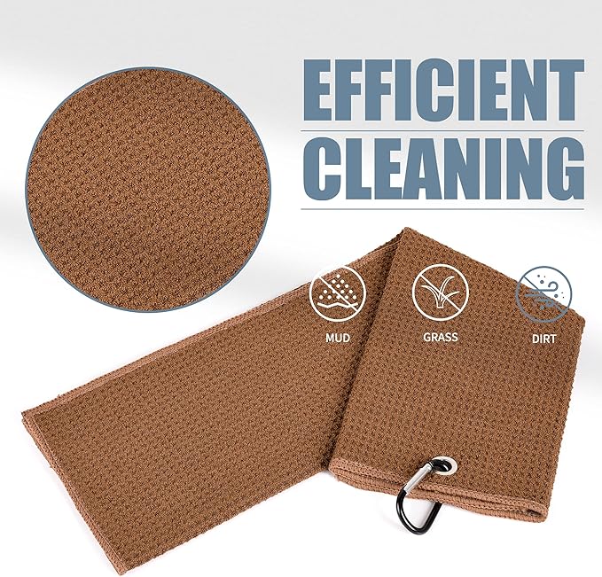 Mile High Life Tri-fold Golf Towel | 16" X 24" | Premium Microfiber Fabric | Waffle Pattern | with Heavy Duty Carabiner Clip | for Men and Women (Brown)