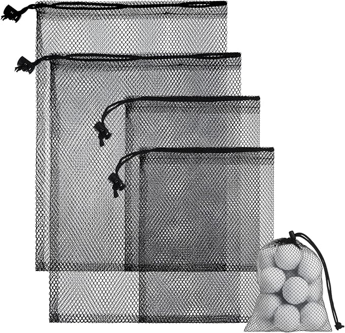 4 Pcs Mesh Bags with Drawstring, Golf Ball Bag Nylon Mesh Golf Ball Storage Pouch Sports Equipment Organizer Sack for Collecting Half Balls Tennis Beach Travel (2 Sizes)